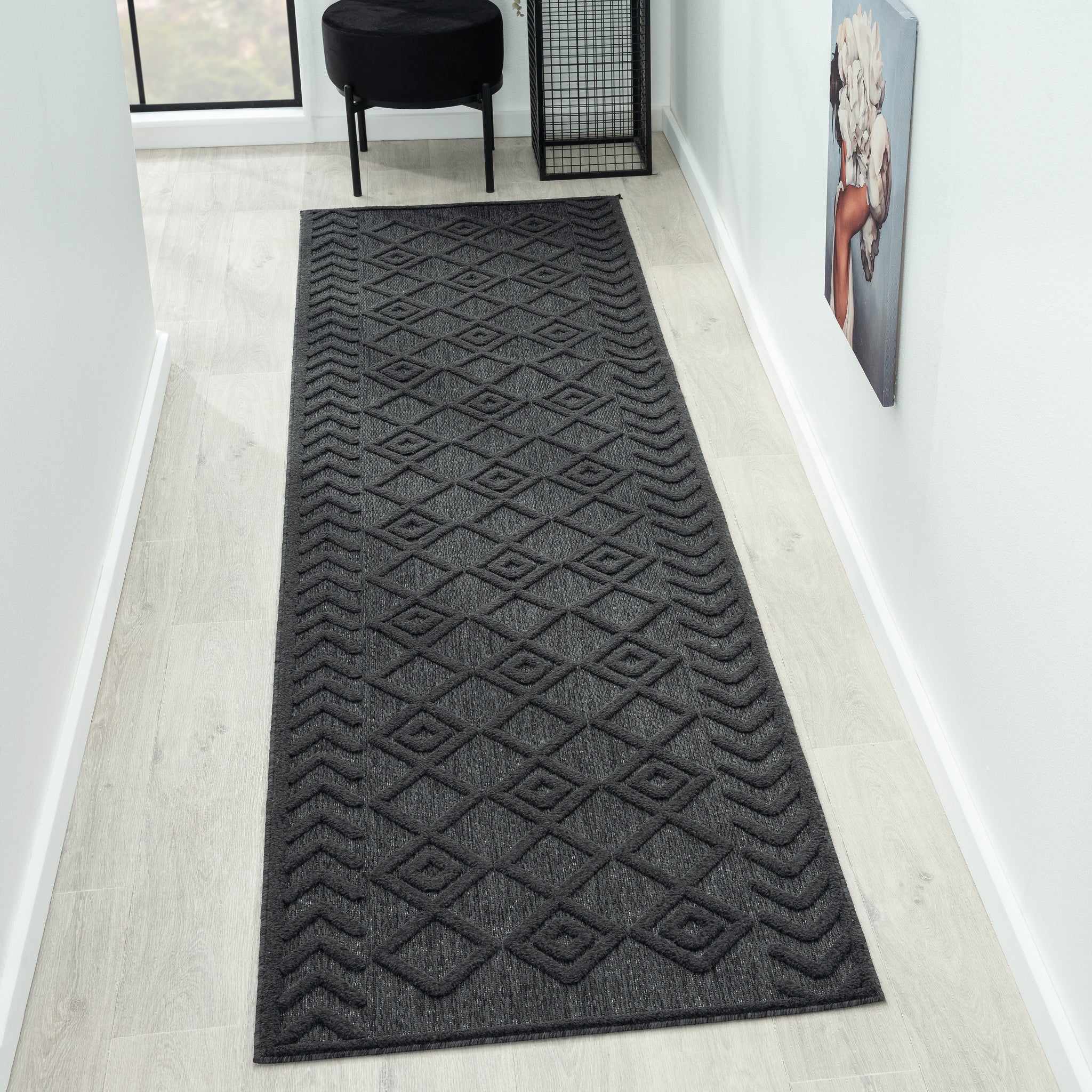 Calmer 416 Charcoal geometric patterns Hallway Runner Saray Rugs